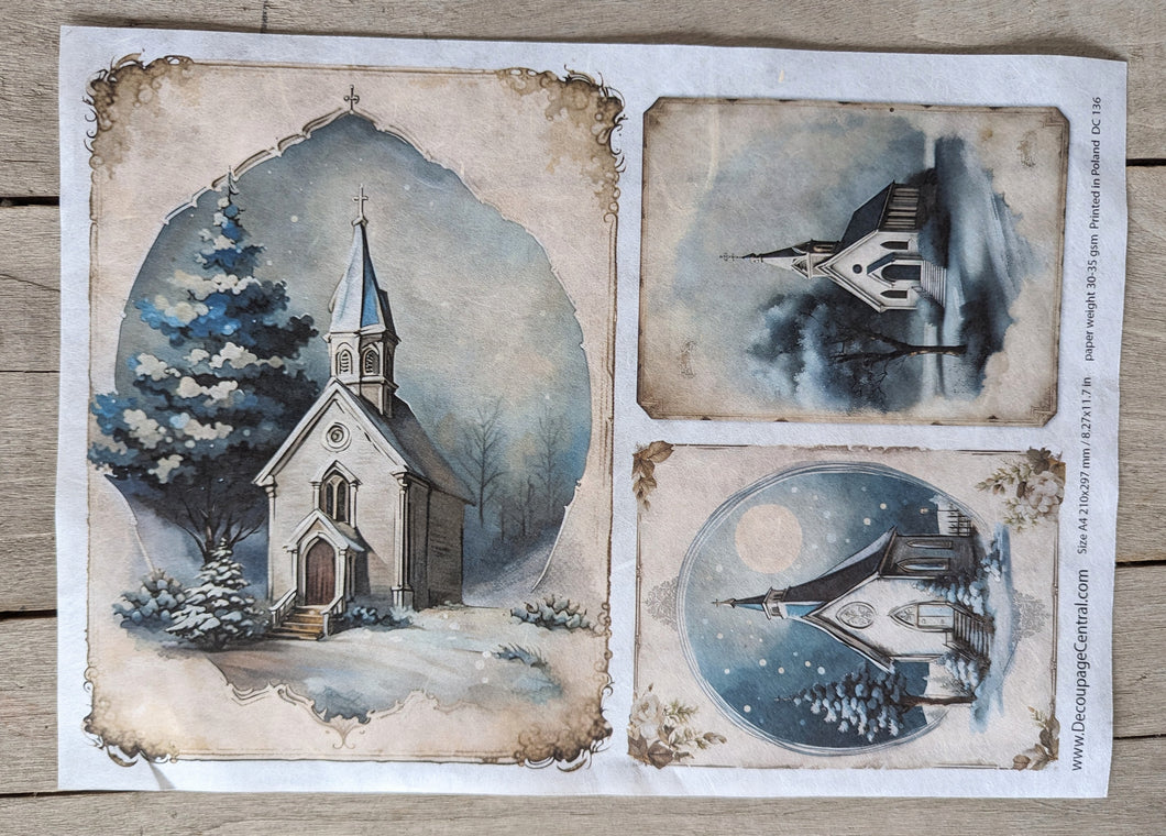 Blue Country Church Decoupage Paper