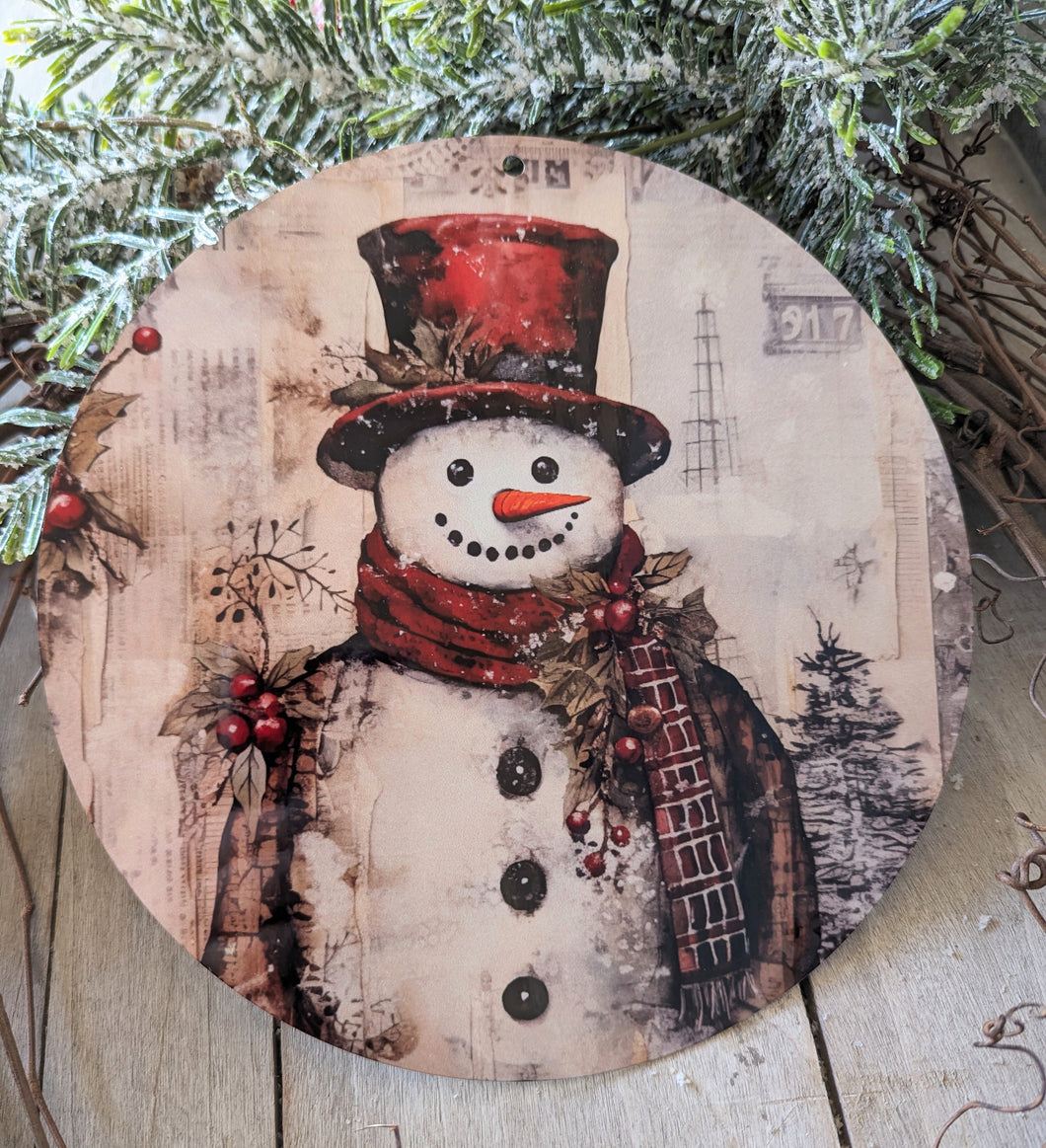 Vintage Snowman With Hat Wreath Round